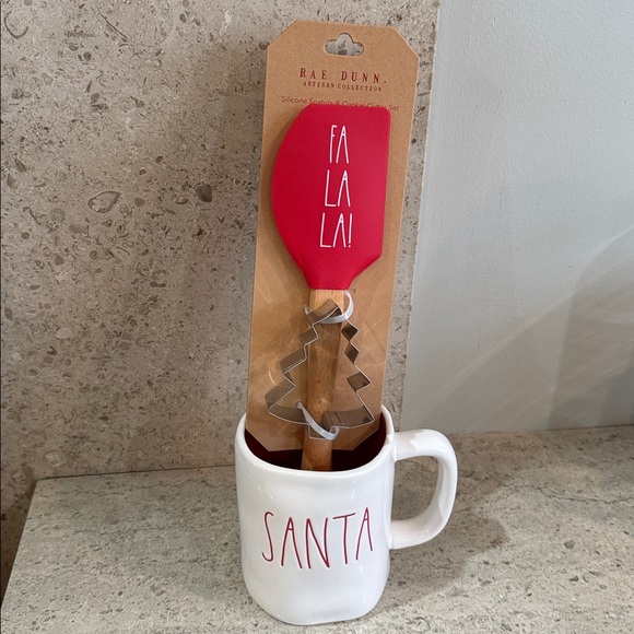 Rae Dunn “Santa” Ceramic Mug With “Fa La La” Spatula and Cookie Cutter Set. - Picture 1 of 10